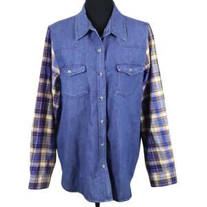 Vintage Y2K Denim Button Down Shacket Plaid Sleeves Collar Shirt Country Store L